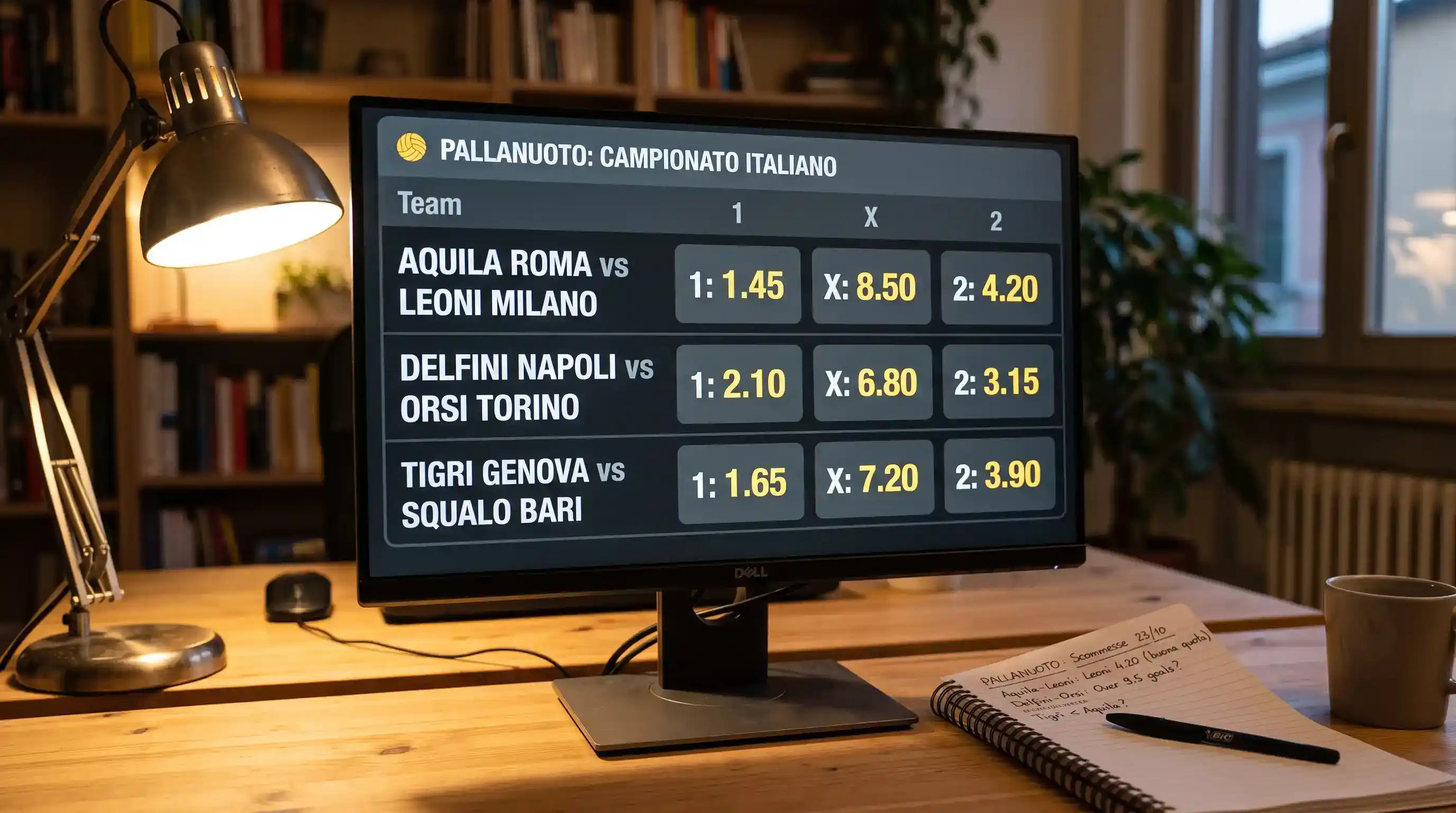 Schermata con quote e mercati di scommessa sulla pallanuoto in formato decimale